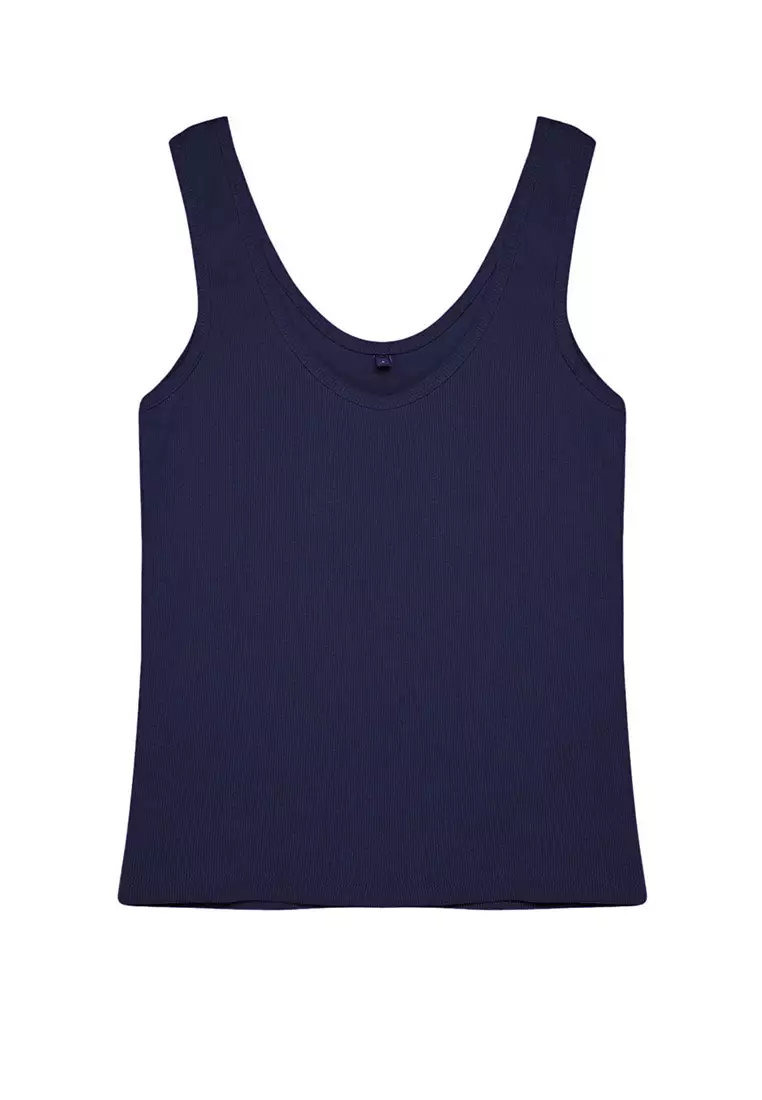 Navy Blue Color Block Fitted Pool Collar Elastic Knitted Tank Top