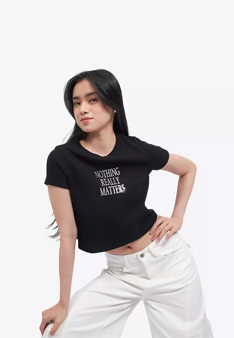 Waffle Knit Printed Crop Tee