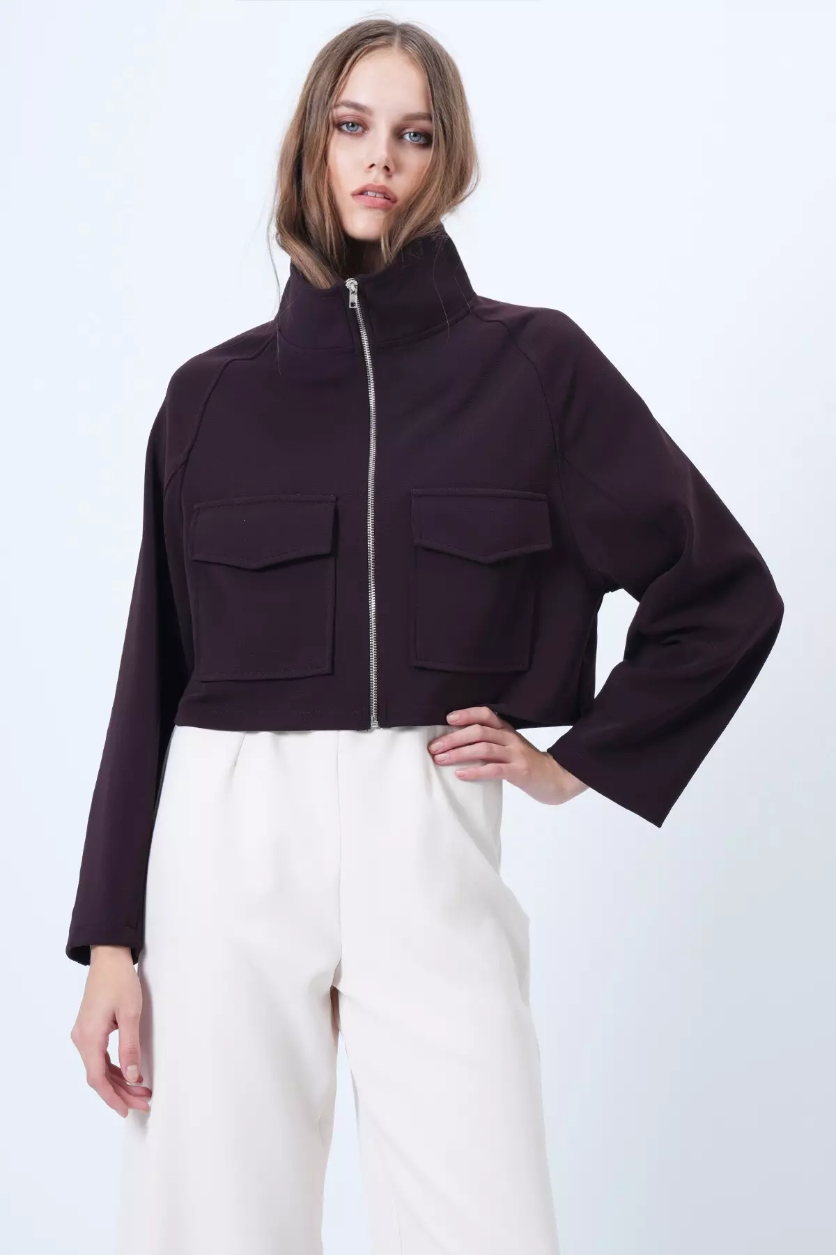 Women'S Purple Stand Collar Double Pocket Raglan Sleeve Jacket Alc-X14409
