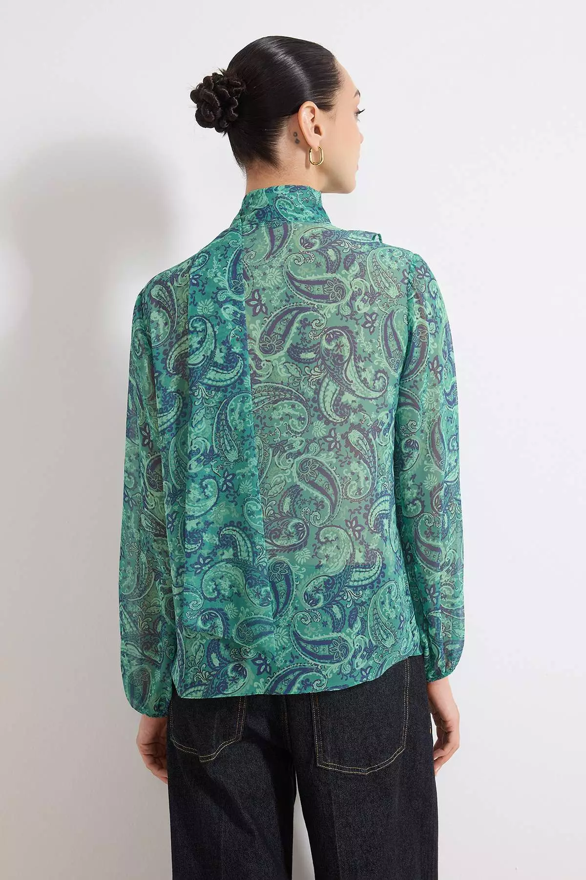 Green Shawl Patterned Boho Transparent Chiffon Woven Blouse Twoss26Bz216