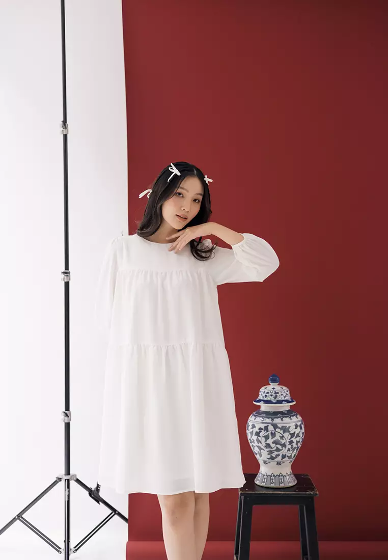 Sakura Long Sleeve Tier Dress in White