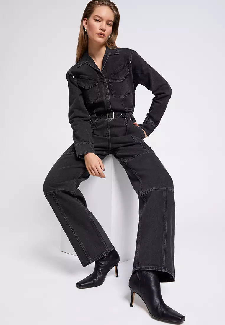 Belted Black-Wash Denim Jumpsuit