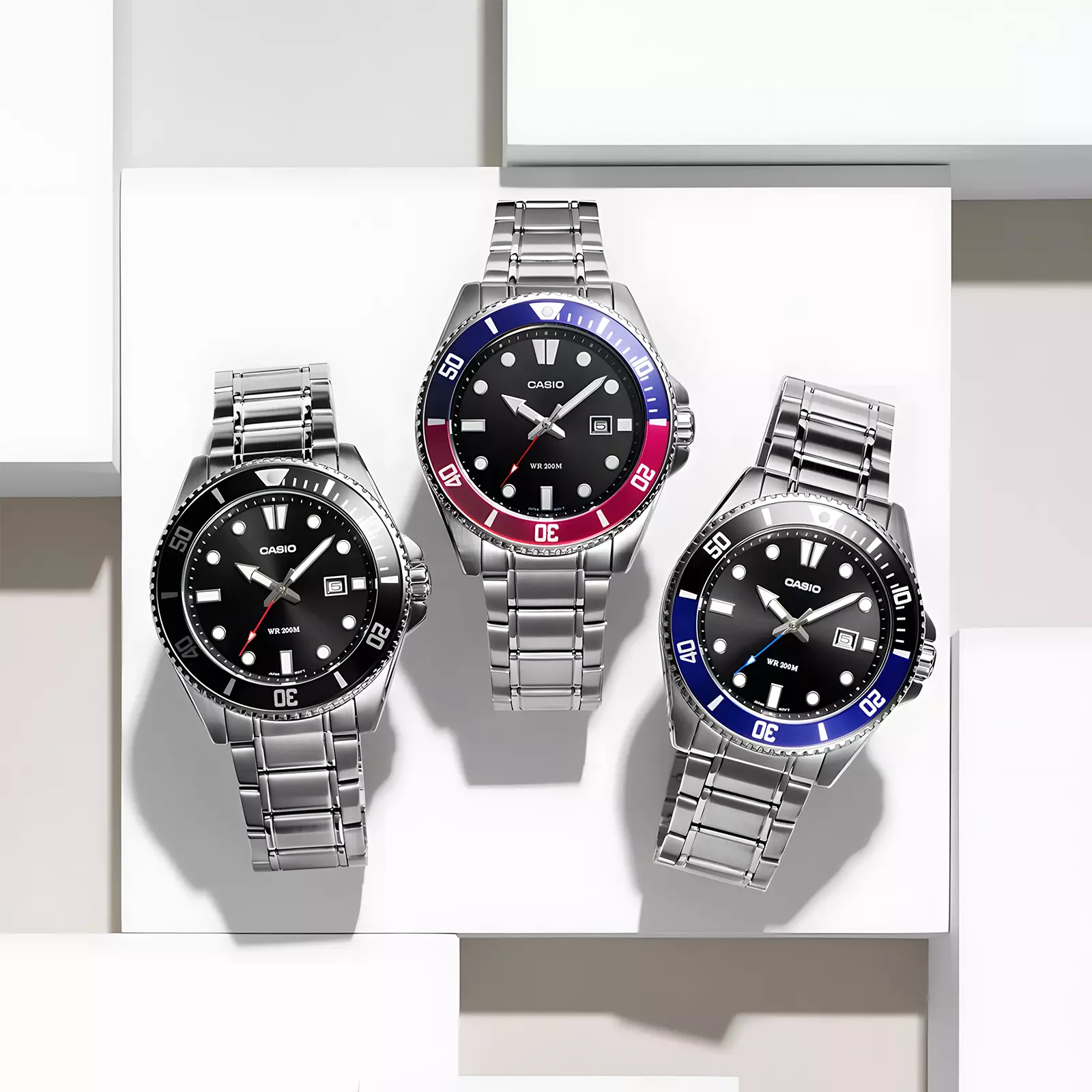 Casio - Diver Marlin Duro Pepsi - Jam Tangan Analog Pria - Black Dial - All Stainless Steel - MDV-107D-1A3VDF