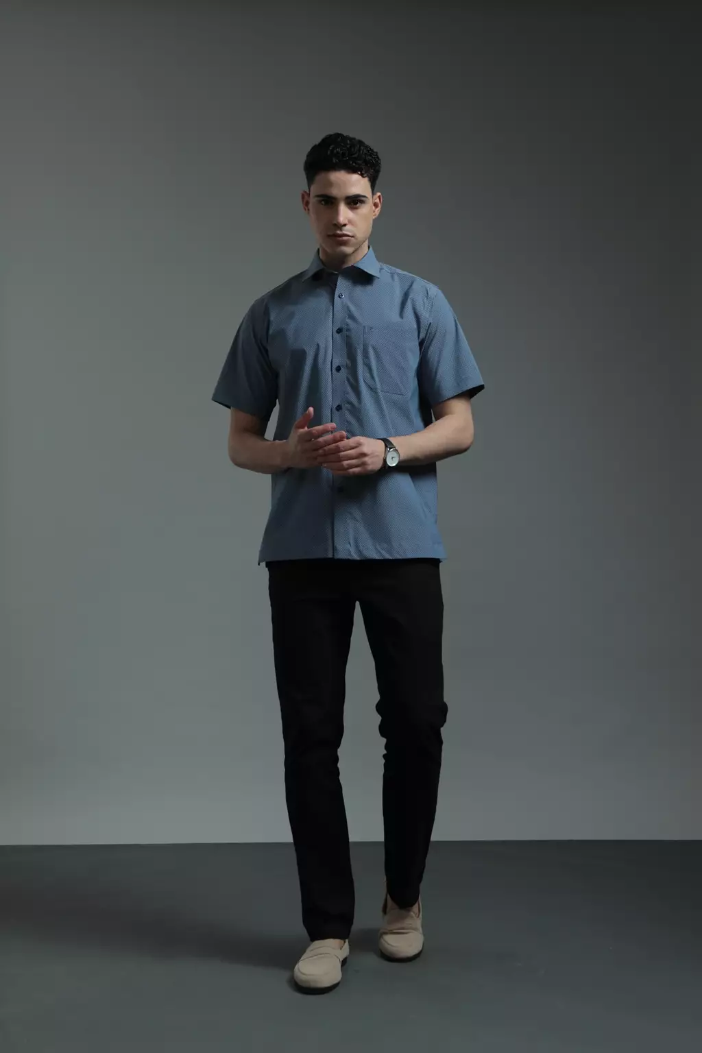 Kemeja Lengan Pendek Guy Laroche Mix Grid - Blue Cotton Mix Stretch Semi Formal