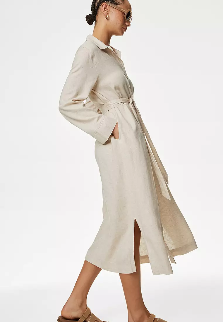 Linen Blend Midaxi Relaxed Shirt Dress