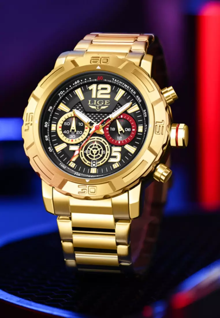 Chronograph Unisex IP Gold Stainless Steel Quartz Watch, IP Black Bezel, Metal Bracelet