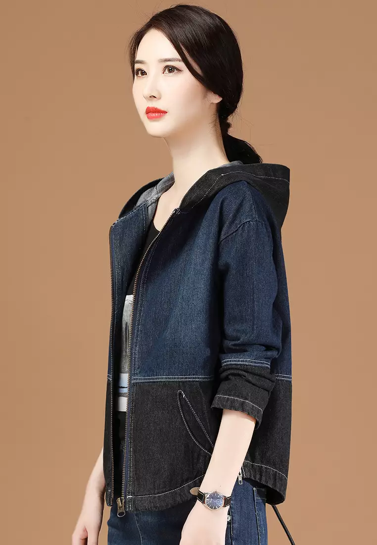 Collarless hooded color block longline cardigan store