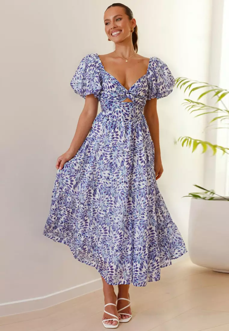 Summer casual printed waist cinched bubble sleeve dress CA25042266PU