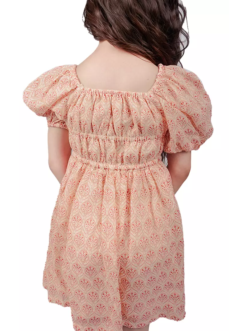 Girls Blocked Print Smocked Bodice Dress With Puff Sleeves