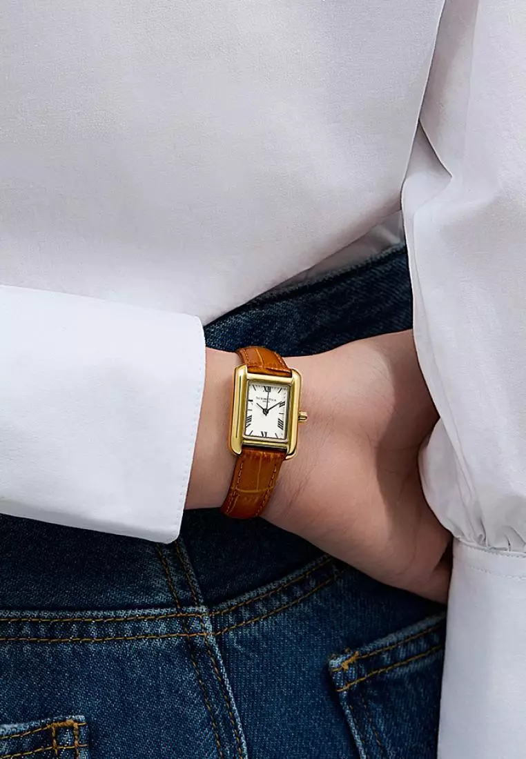 Retro 女士金色长方形手表22*29mm 簡約经典 真皮表帶 黑色指針 生活防水-金色 棕色