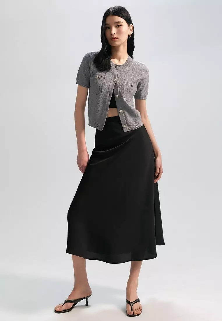 Gold Button Detail Short-Sleeve Cardigan - Mid Grey