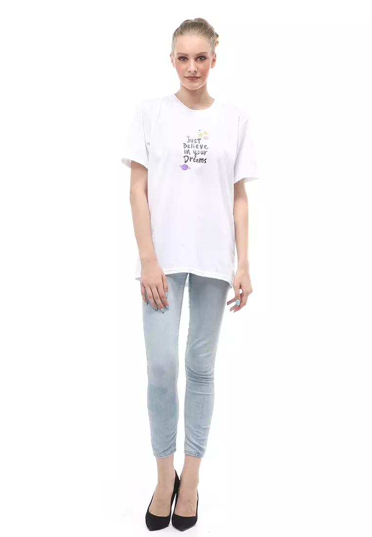 Heller Kaos Atasan Wanita Oversize Motif Print Short Sleeves Relaxed Fit - Lepen Putih