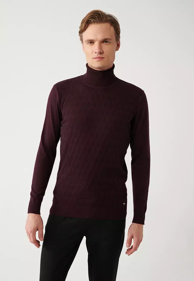 Men's Burgundy Turtleneck Cotton Patterned Knitwear Sweater A32Y5198