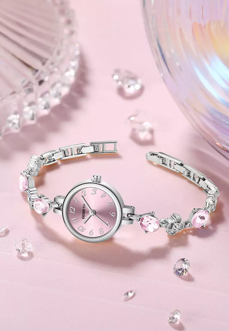 Jam Tangan Wanita Anti Air Berlian Jam Gelang Korea Elegan Jam Tangan Cewek silver pink