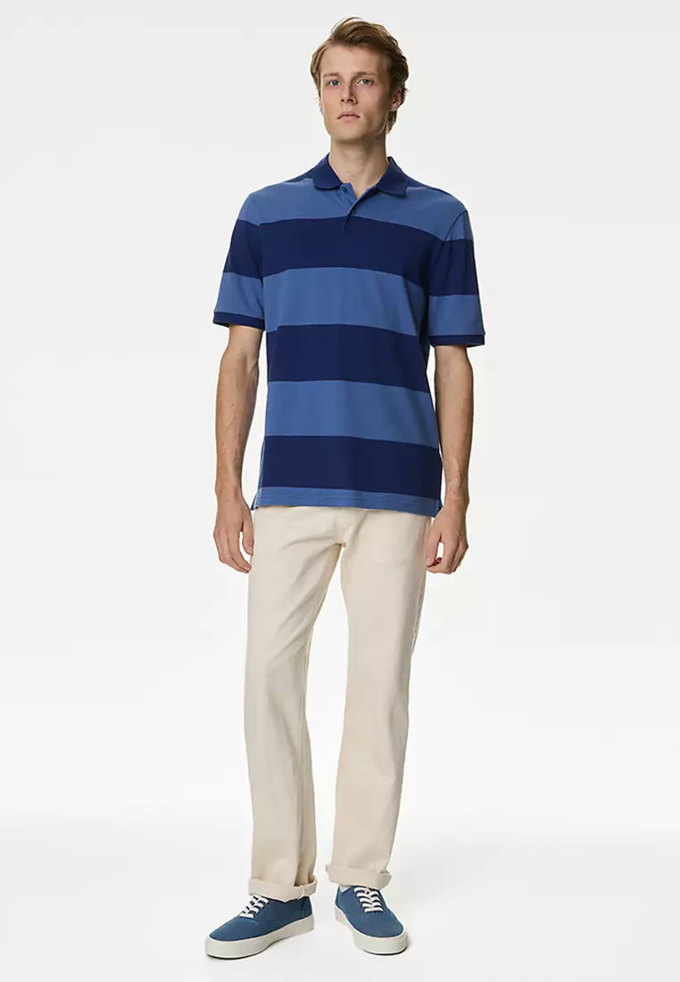 Pure Cotton Striped Pique Polo Shirt