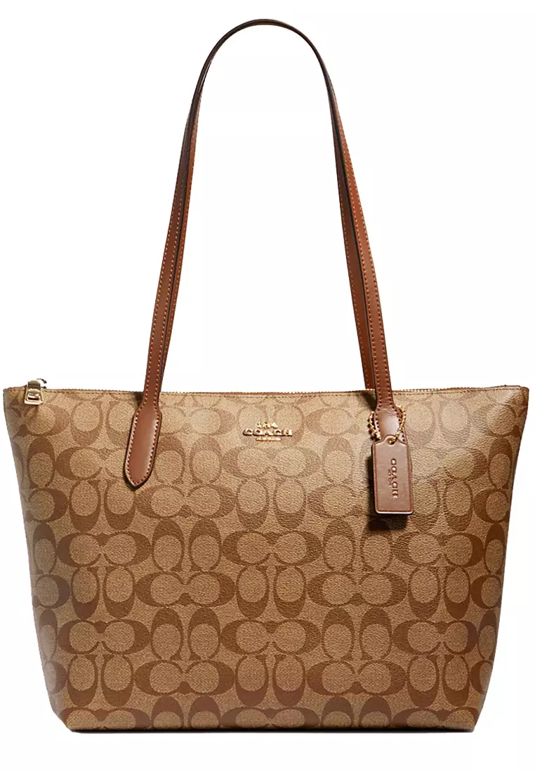 Coach Coach Zip Top Tote Bag In Signature Canvas in Khaki Saddle