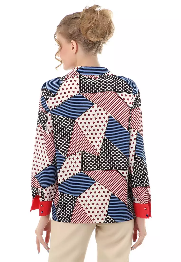 Holly Baju Atasan Kasual Wanita Kemeja Corak Lengan Panjang Material Twiscone ORIGINAL - Blue