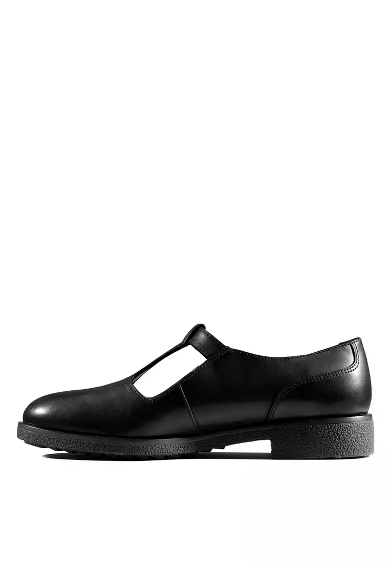 Womens Griffin Town T bar Shoes Black Leather - Wide Fit