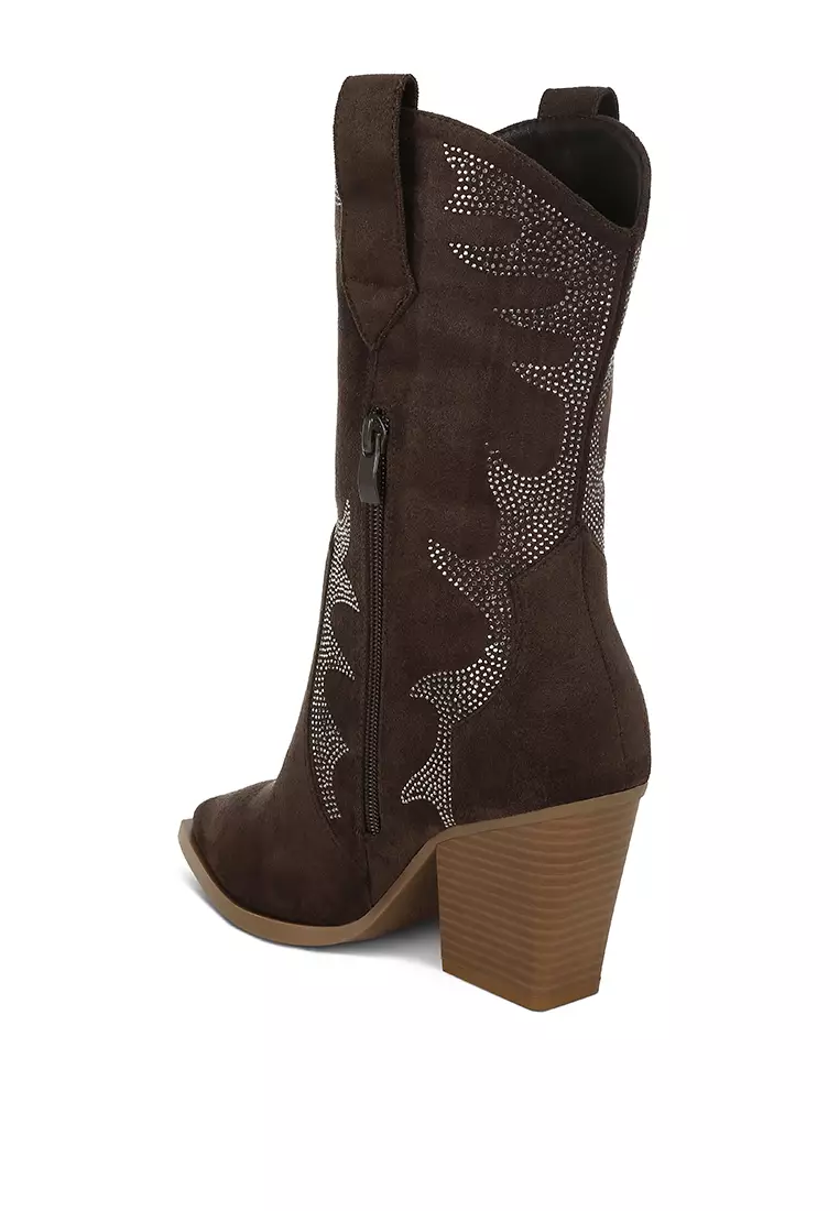 Rhinestones Embellished Calf Boots in Brown