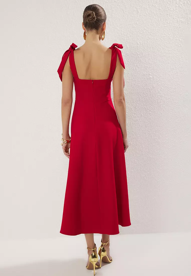 Red A-Line Strap Detailed Woven Midi Chic Evening Prom Dress TPRSS24EL00251