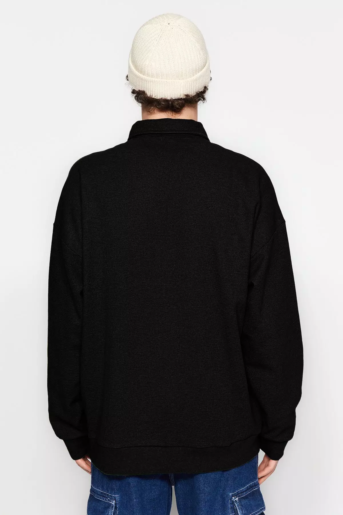 Black Oversize/Wide Cut Labeled Textured Polo Collar Non-raised Sweatshirt TMNAW24SW00224