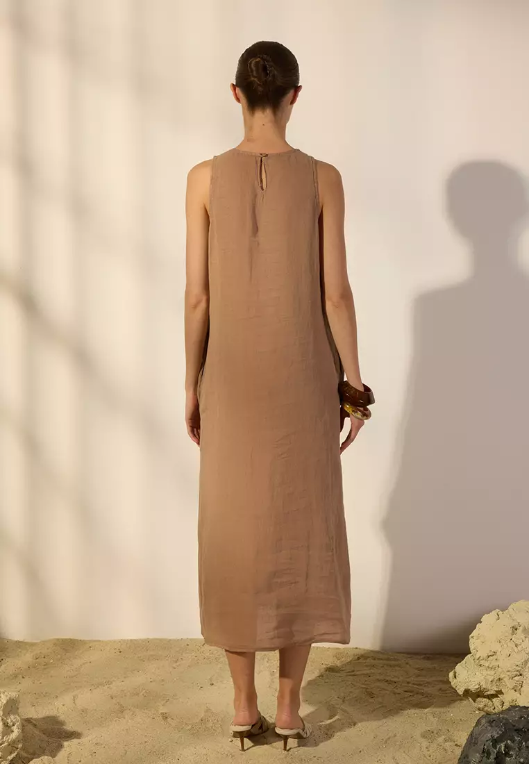 Mink 100% Linen Stitching Detailed Maxi Dress Twoss25El00607