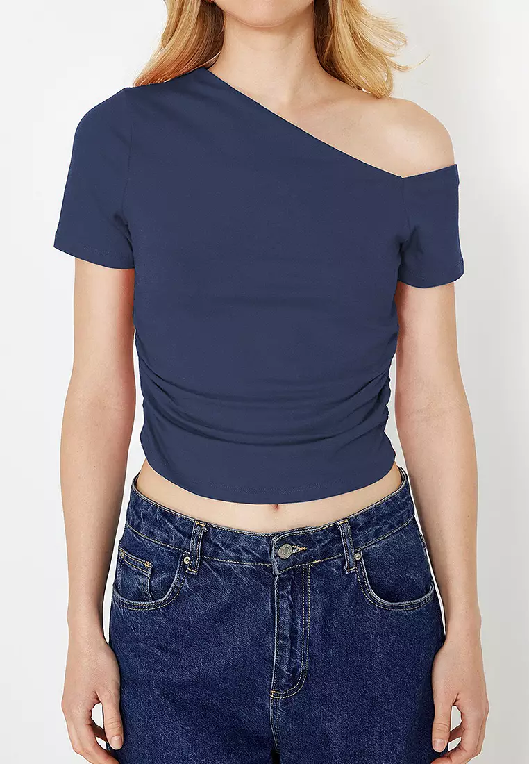 Indigo Gathered Asymmetrical Neckline Stretchy Knitted Blouse