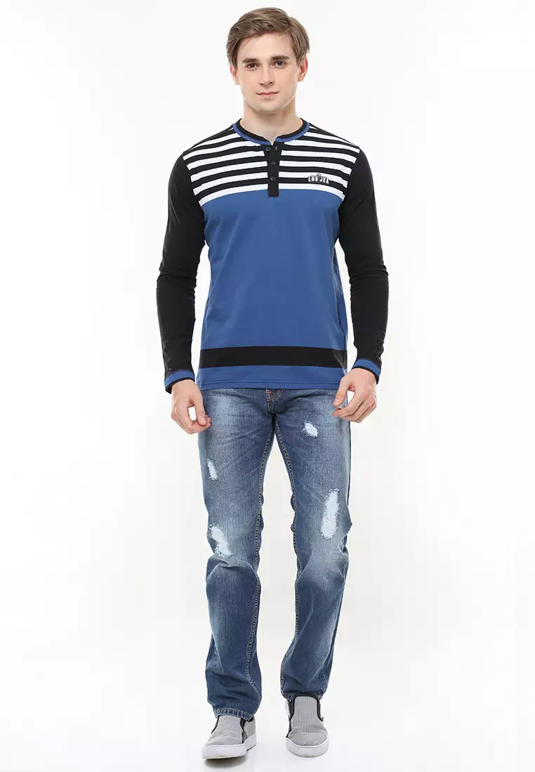 LGS - Slim Fit - Kaos Fashion - Salur - Kombinasi Warna - Biru