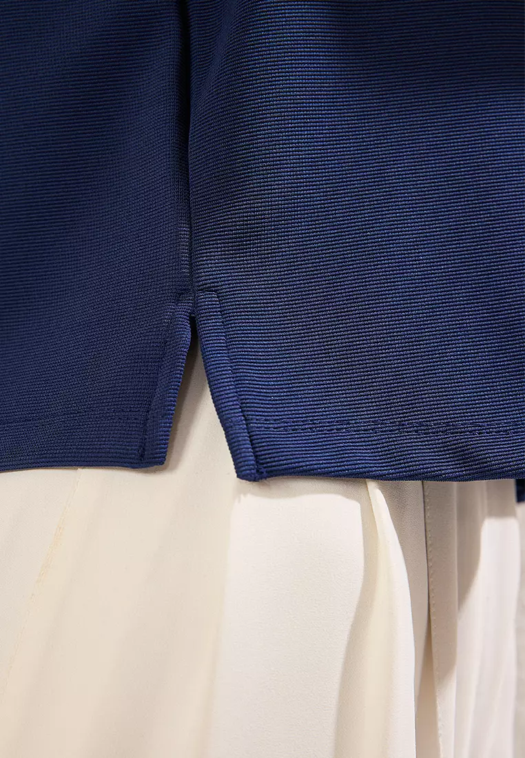 Navy Blue Snap Polo Collar Sleveless Regular Knitted Blouse