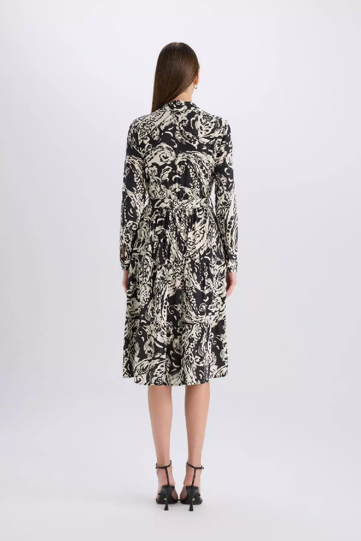 Shirt Collar Print Long Sleeve Midi Dress