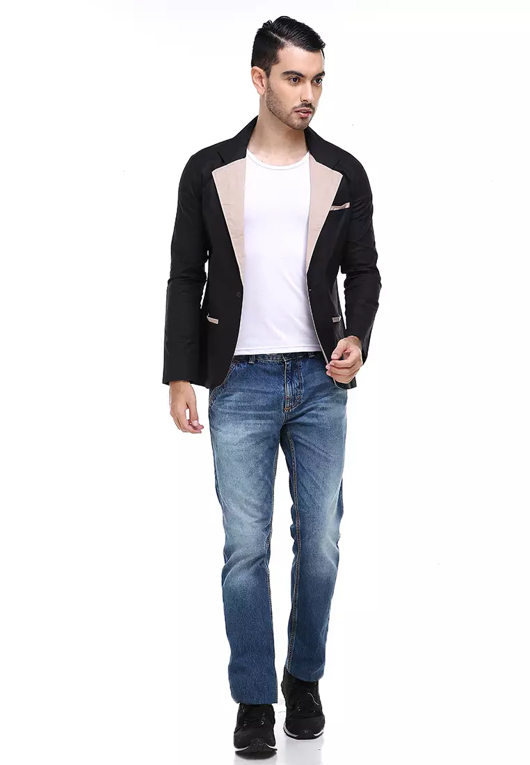 Woreq Jas Blazer Pria Pockets Two Tone Formal Casual Suit Material Cotton Stretch ORIGINAL - Black