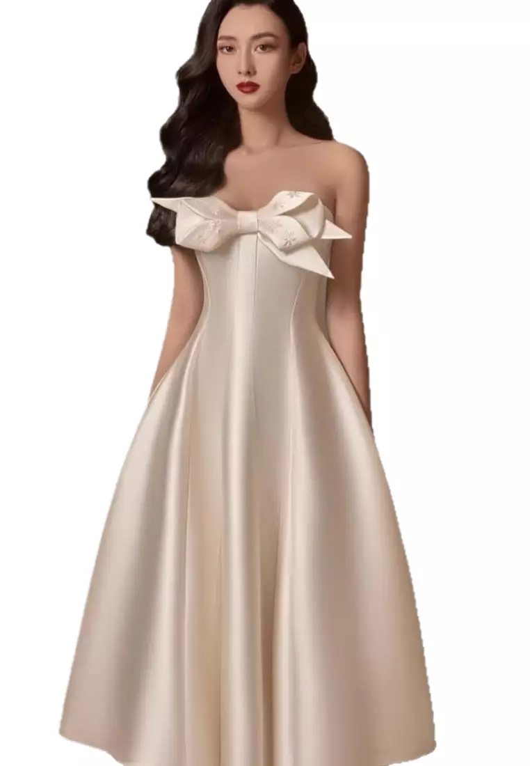 立體蝴蝶結抹胸晚禮服中長裙 CA26022425KI