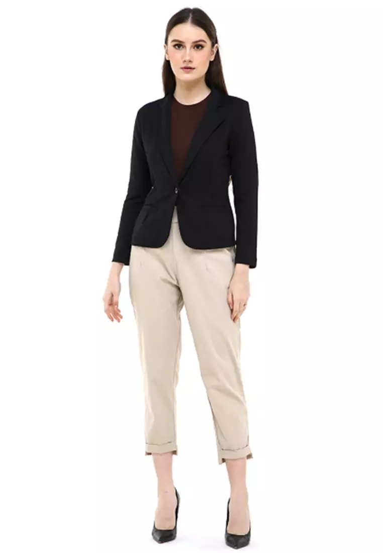 Qemsya Jas Blazer Wanita One Botton Slim Fit Formal Longsleeve Suit Material Scuba ORIGINAL - Black