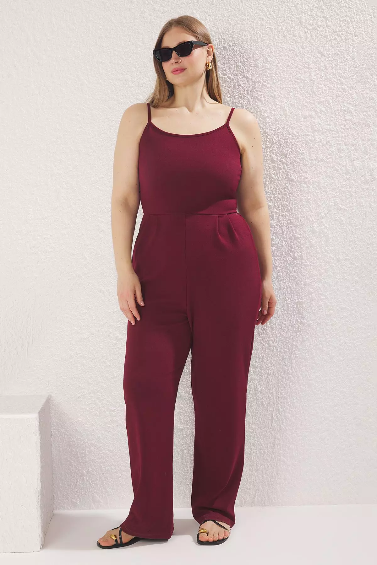 Claret Red Strappy Knitted Plus Size Jumpsuit TBBSS25BG00001