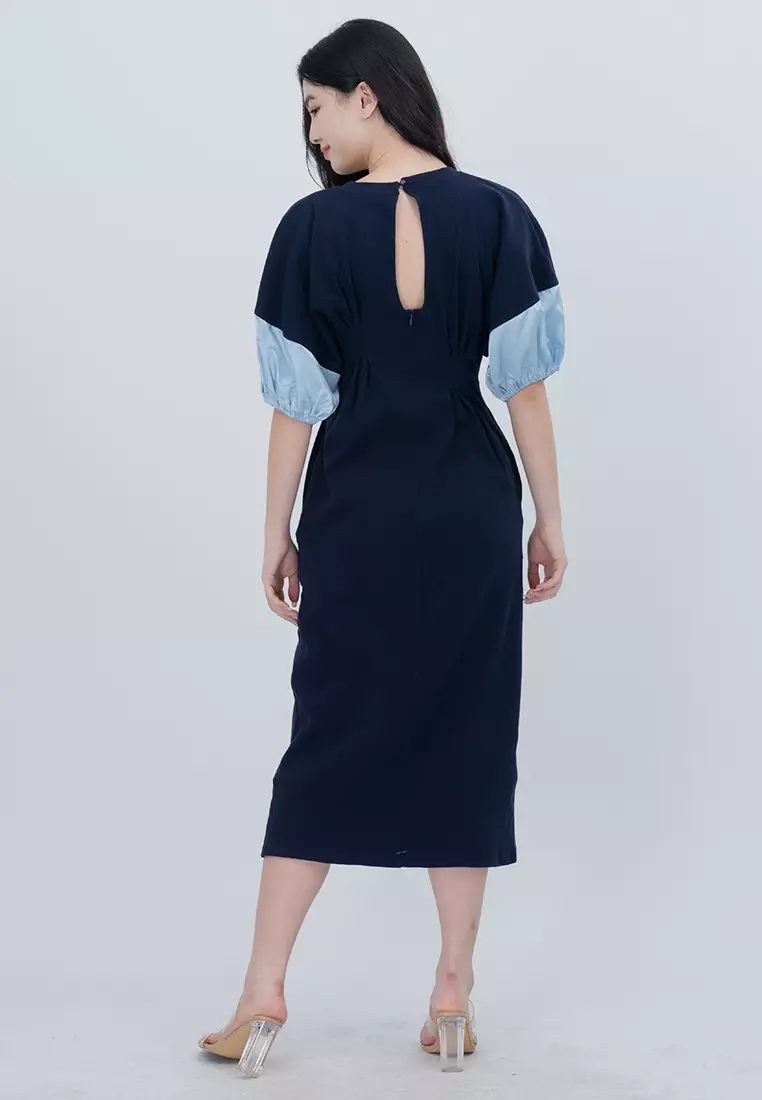 针织泡泡袖可伸缩中长款连衣裙