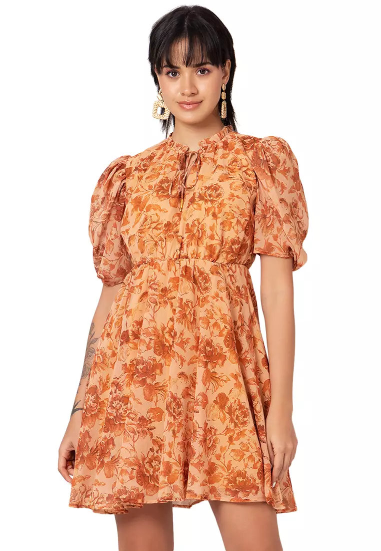 open lace back dress Balloon Sleeves Poplin Skater Dress main image 1