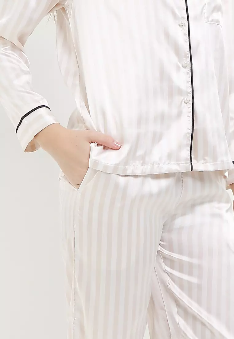 Piyama Pyjama Baju Tidur Satin Silk Long Sleeve Long Pants Berkantong Baju Celana Sleepwear