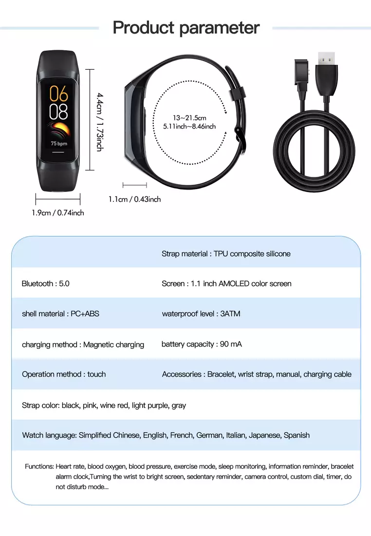 Unisex IOS/Android IP Black Waterproof Fitness SmartWatch, AMOLED Color Screen, Heart Rate Monitoring, Weather, Clock, with Black Rubber Strap