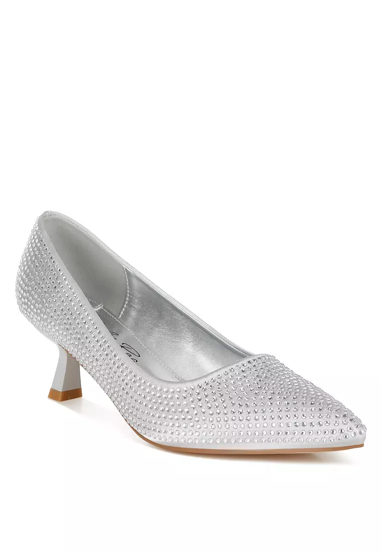 Rhinestones Embellished Kitten Heel Pumps in Silver