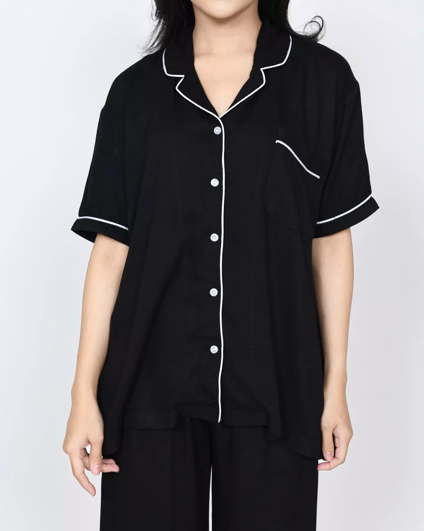 S/S COUPLE PIYAMA COTTON TENCEL Setelan Baju Tidur Pria Wanita BLACK