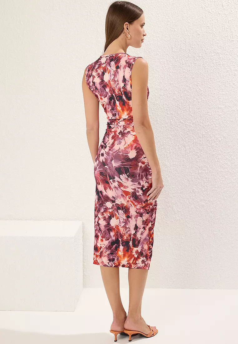 Dusty Rose Printed Bodycon Gathered Detailed Knitted Flexible Midi Pencil Dress