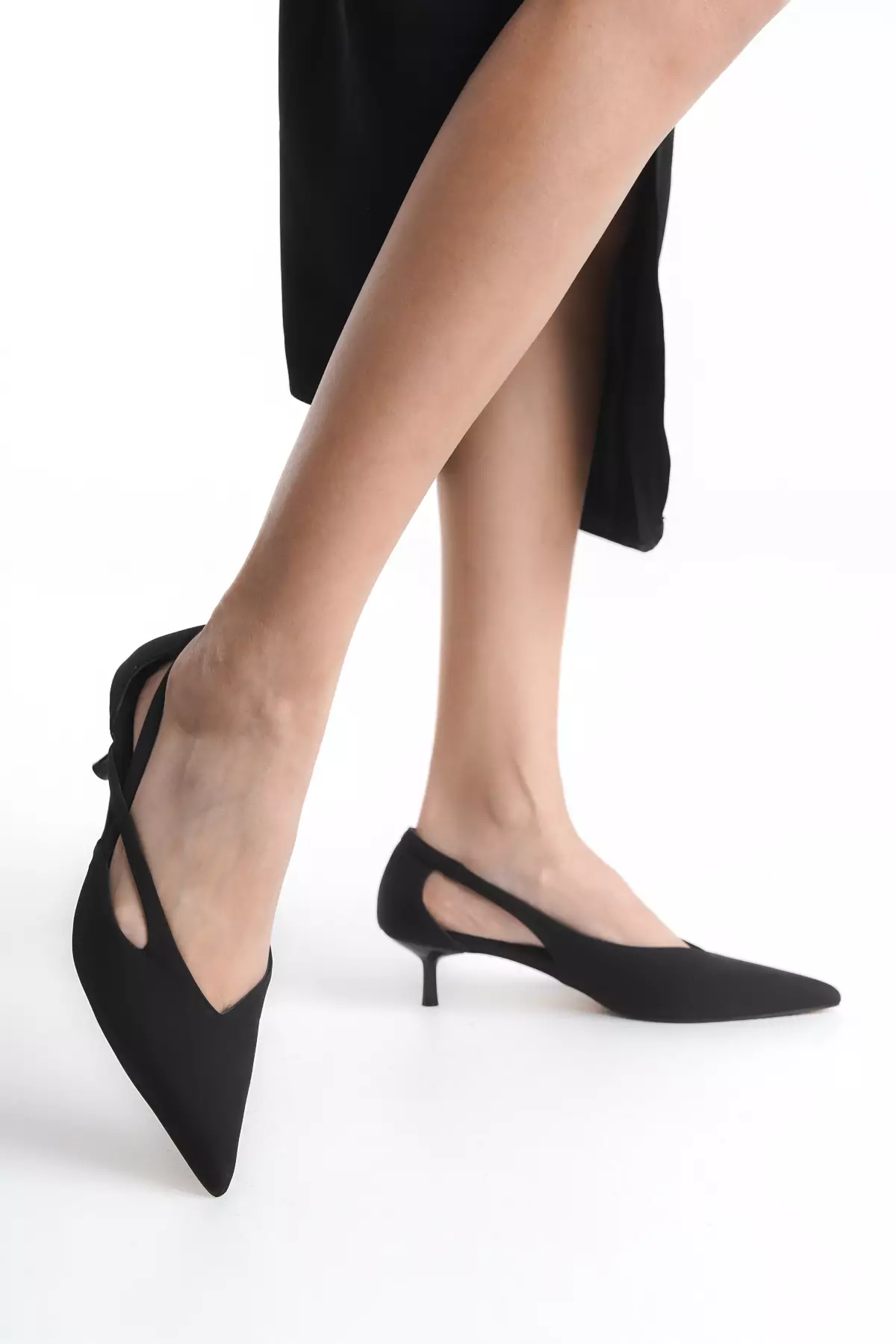 Black Cut Out Detailed Satin Pointed Toe Women's Kitten Heels Shoes Takss25To00079