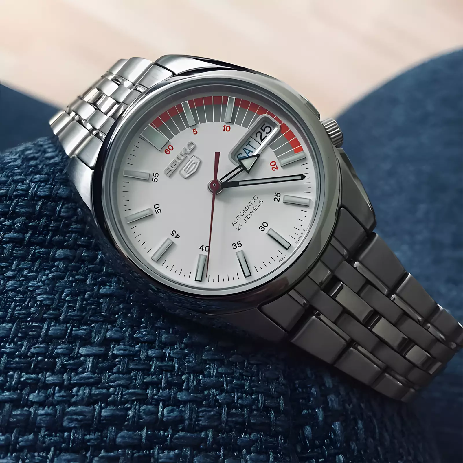 Seiko 5 Automatic 21 Jewels - Jam Tangan Analog Pria - White Dial - All Stainless Steel - SNK369K1