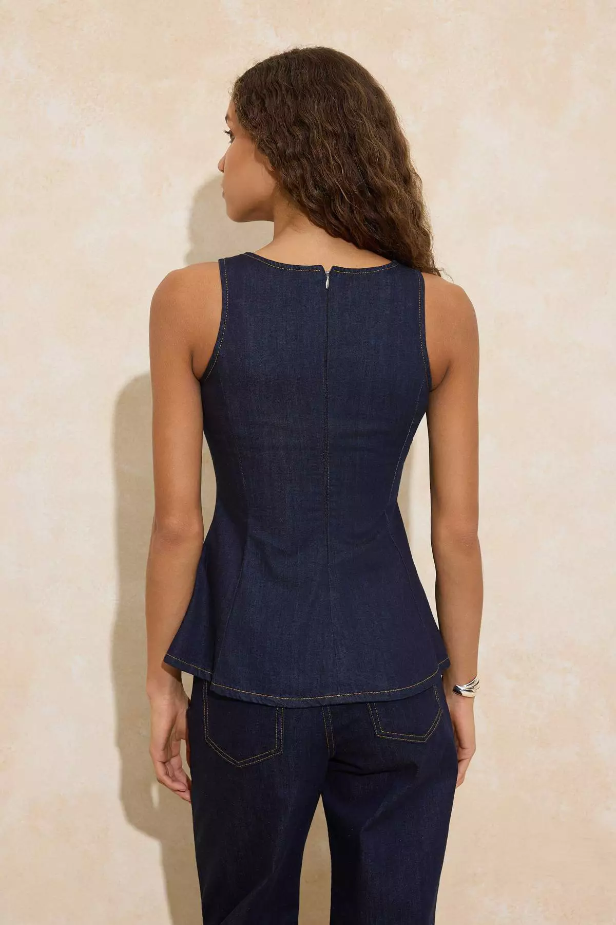 Dark Blue Strap Peplum 1% Cotton Denim Blouse Twoss26Bz196