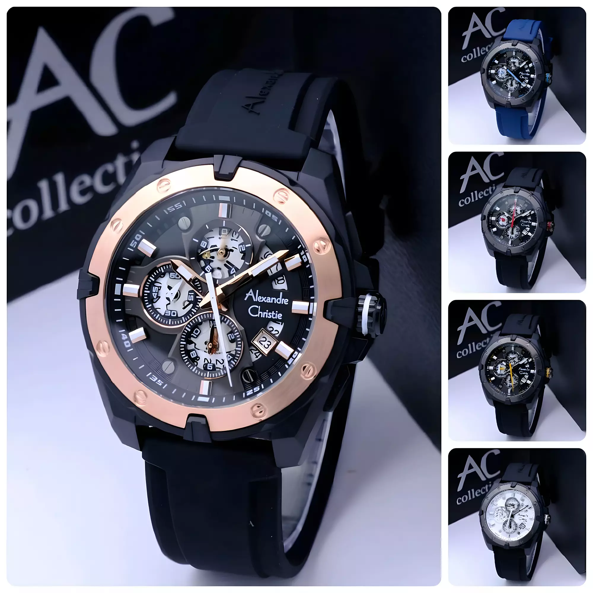 Alexandre Christie - Jam Tangan Chronograph Pria - Black Case - Blue Rubber Strap - 6693 MCREPBABU