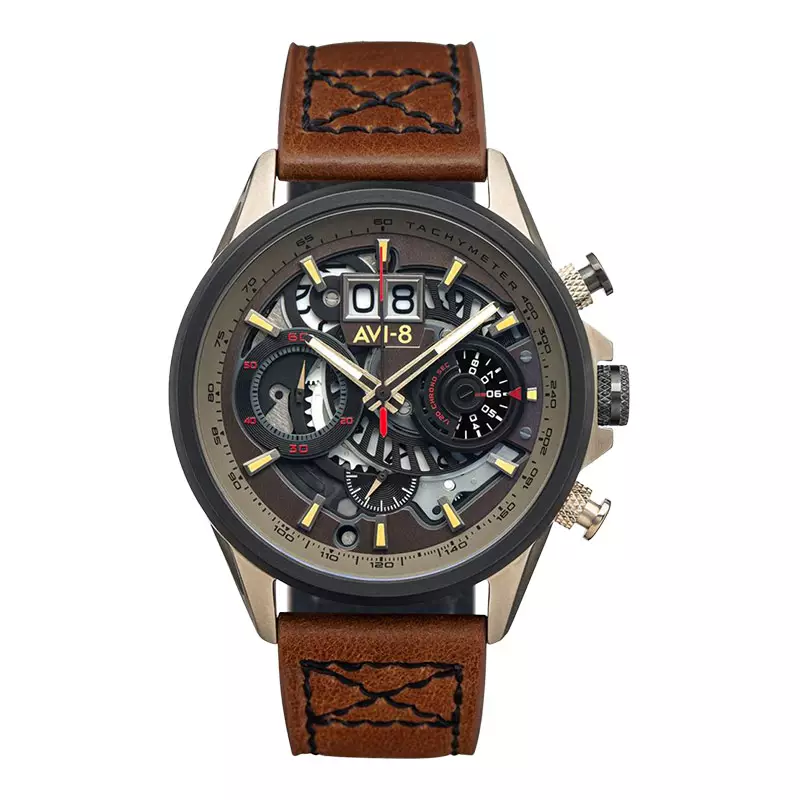 Jam Tangan Pria AVI 8 Hawker Harrier II AV 4065 06 Matador Chronograph Men Dual Color Dial Dark Brown Leather Strap