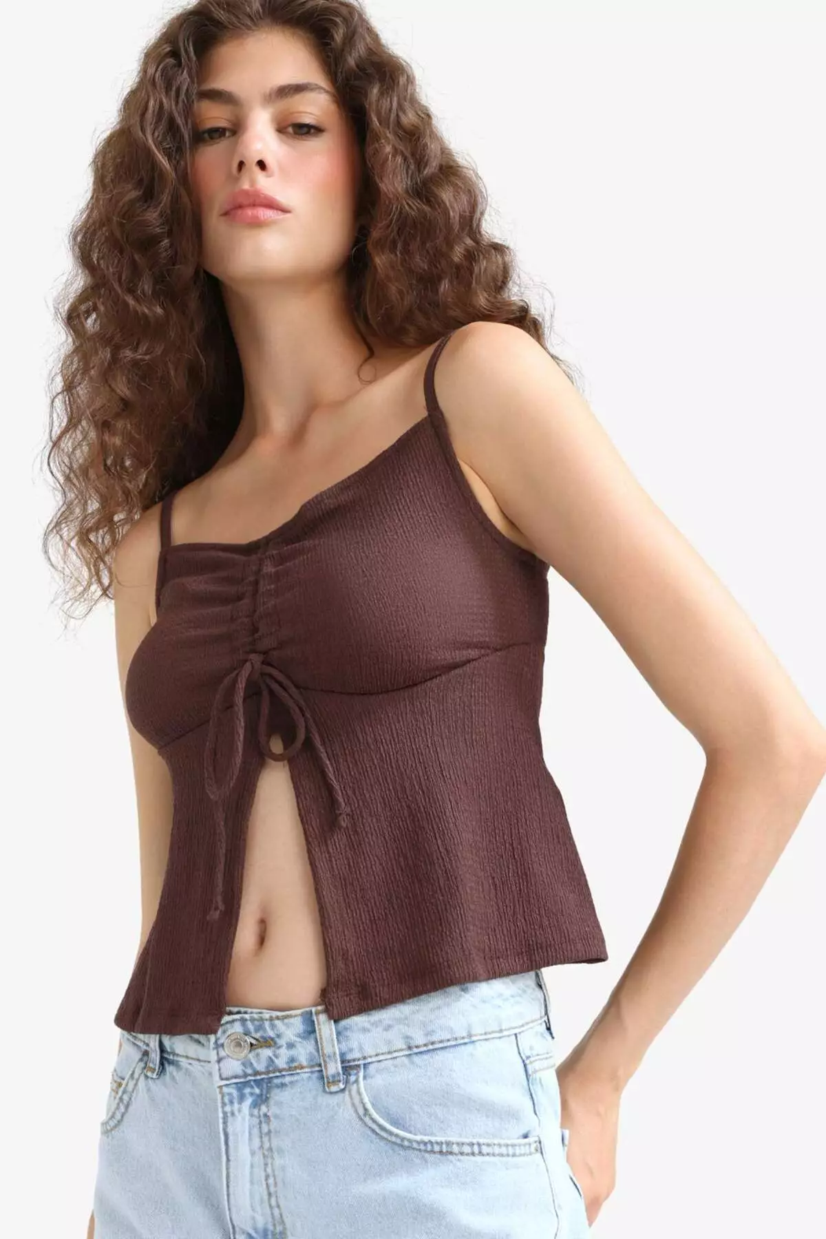 A-Line V-Neck Thin Strap Front Tie-Up Blouse F1913Ax25Sm