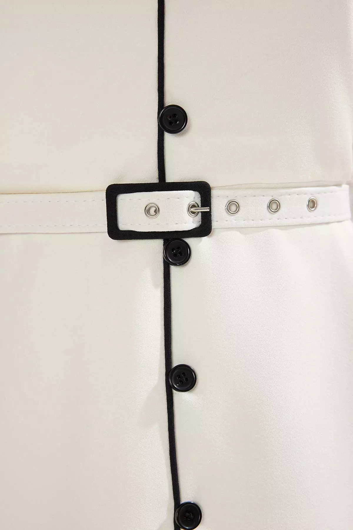 White Belted A-Line Bias And Button Detail Lined Midi Woven Dress