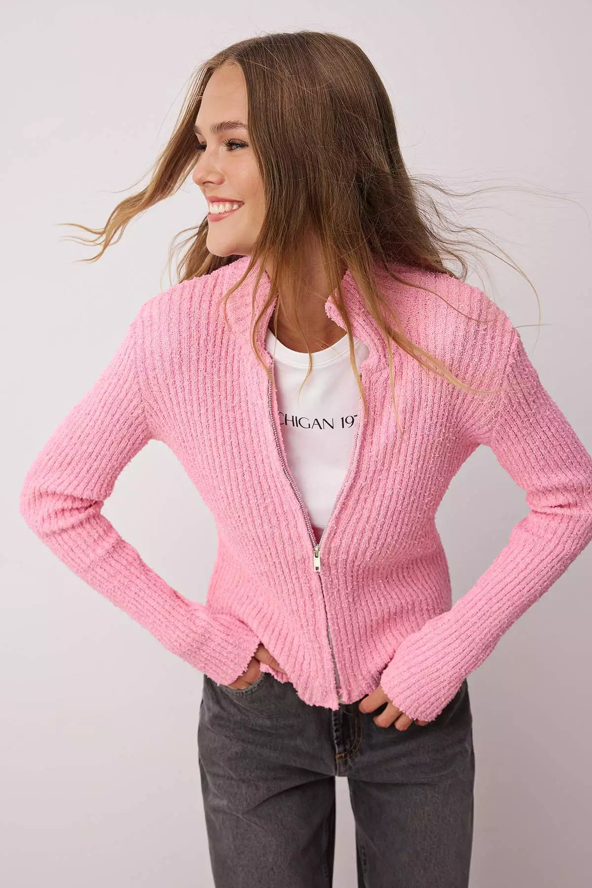 Pink Zipper Stand Collar Soft Textured Cotton Knitwear Cardigan