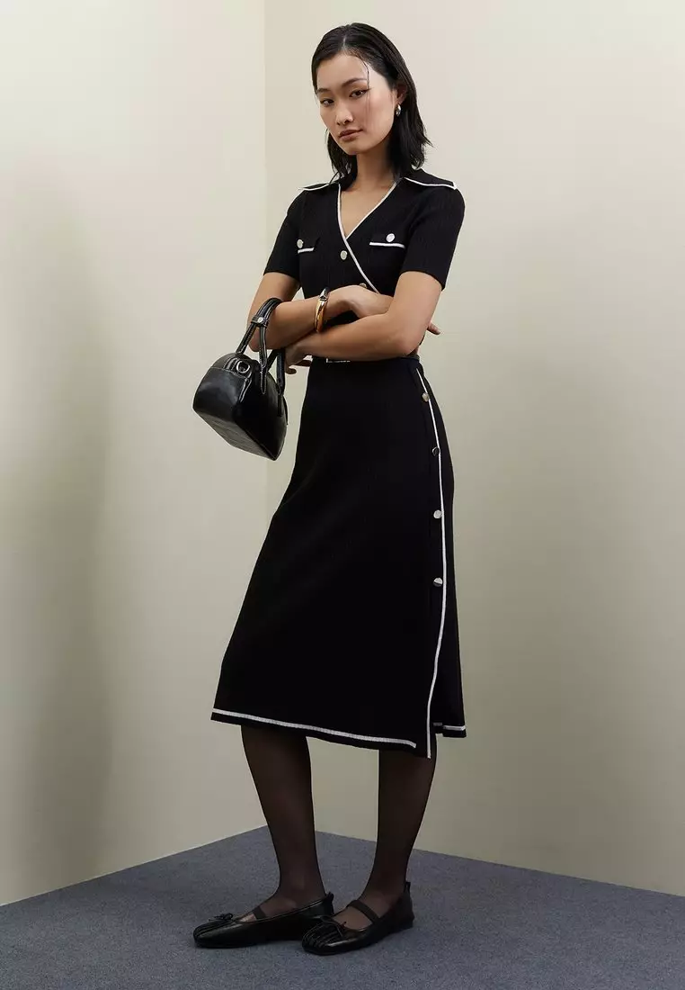 Button Up Side Slit Dress - Black